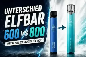 Ein Bild zum Vergleich der Elfbar 600 und Elfbar 800: Links die Elfbar 600, rechts die Elfbar 800, mit Original-Logo und Modelnamen sichtbar. Ein Pfeil zeigt den Unterschied und die Verbesserung von 600 zu 800.