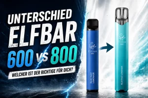 Ein Bild zum Vergleich der Elfbar 600 und Elfbar 800: Links die Elfbar 600, rechts die Elfbar 800, mit Original-Logo und Modellnamen sichtbar. Ein Pfeil zeigt den Unterschied Elfbar 600 und 800 sowie die Verbesserung von 600 zu 800.Elfbar 800: Links die Elfbar 600, rechts die Elfbar 800, mit Original-Logo und Modelnamen sichtbar. Ein Pfeil zeigt den Unterschied und die Verbesserung von 600 zu 800.