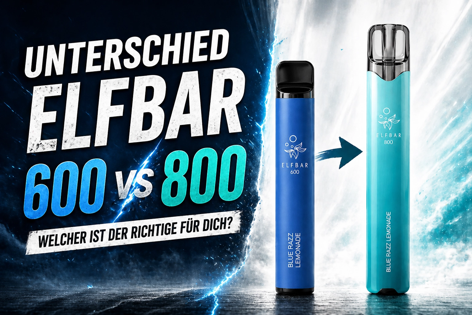 Ein Bild zum Vergleich der Elfbar 600 und Elfbar 800: Links die Elfbar 600, rechts die Elfbar 800, mit Original-Logo und Modelnamen sichtbar. Ein Pfeil zeigt den Unterschied und die Verbesserung von 600 zu 800.