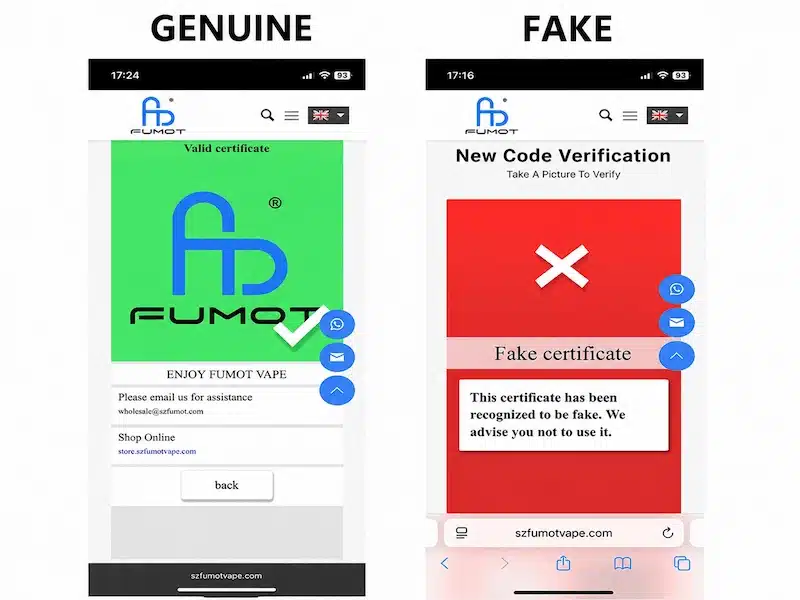 Fumot Neue Code-Version Verifizierungsergebnisse Vergleichen FUMOT neue Sicherheitscode Version Echtheitsprüfung mit gültigem und ungültigem Ergebnis