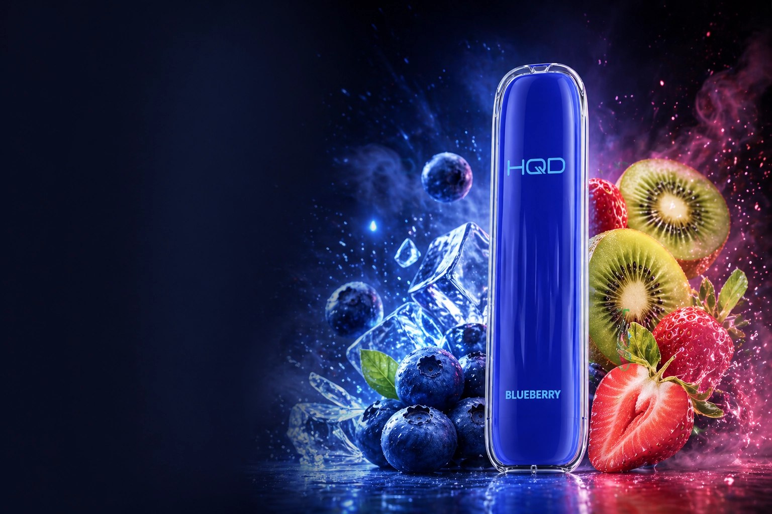 HQD Vape Geschmäcker 2026 – Blog-Header mit Blueberry, Black Ice und Kiwi Strawberry
