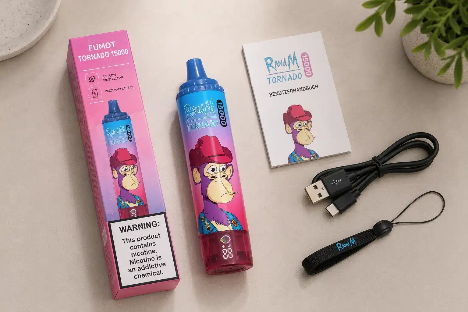 Einweg Vape Nutzung Tipps: USB-C Kabel, Zubehör und Flatlay auf grauem Hintergrund