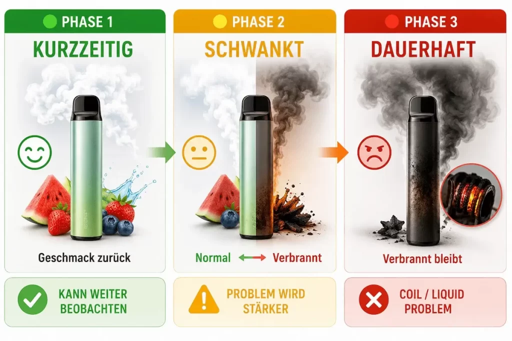 Einweg Vape schmeckt verbrannt: Übersicht der drei Phasen zur Einschätzung des Problems